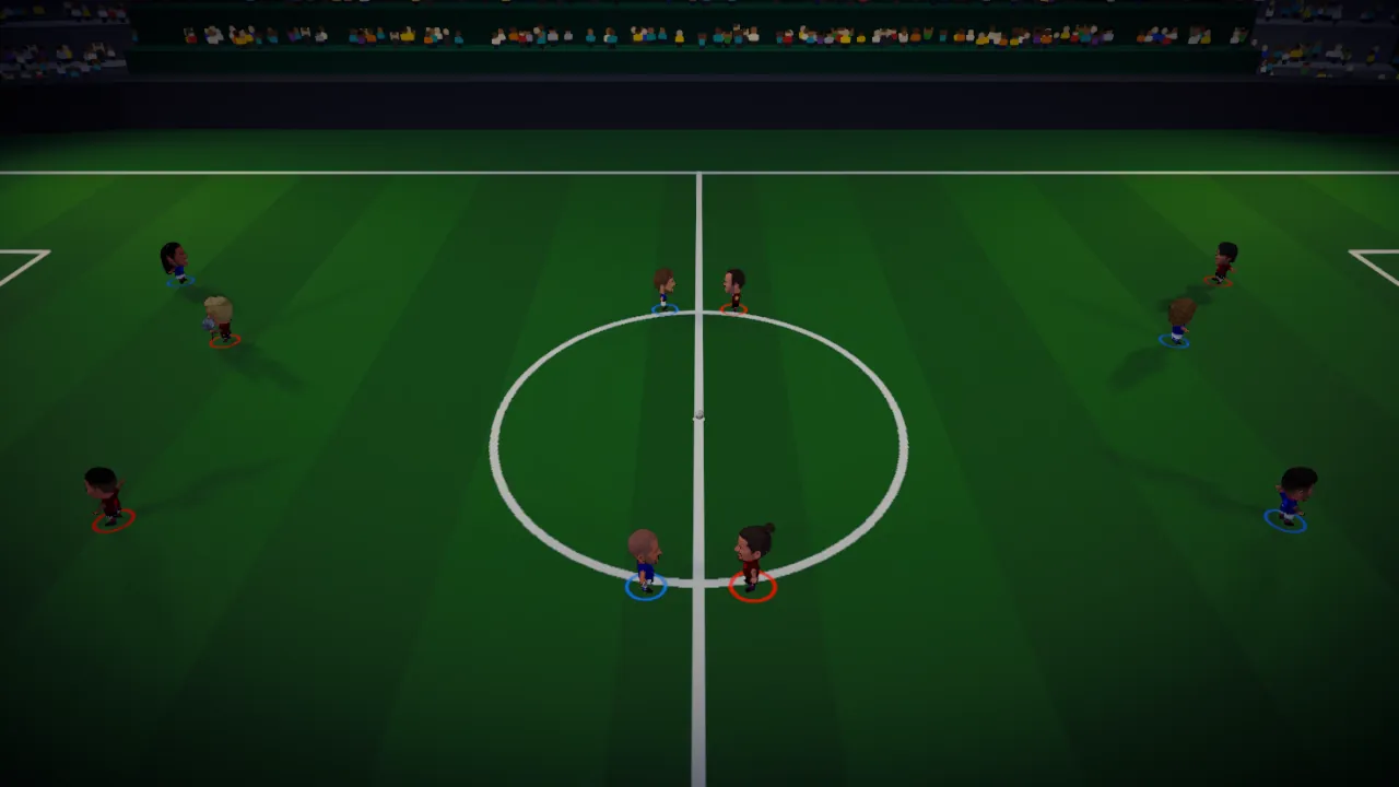 Los catorce jugadores en el saque del medio, de noche