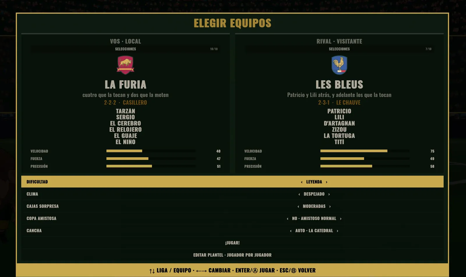 La pantalla ELEGIR EQUIPOS del juego: a la izquierda La Furia, de la liga SELECCIONES, con su escudo, sus seis jugadores y sus barras; a la derecha Les Bleus; y abajo las filas de dificultad, clima, cajas sorpresa, copa amistosa y cancha