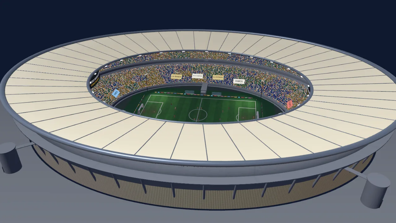 Vista aérea de ESTÁDIO MARACUYÁ, lleno: el óvalo carioca, su techo de membrana y la batucada