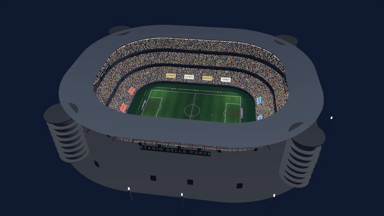 Vista aérea de STADIO DELLE CURVE, lleno: tres anillos, foso y torres helicoidales